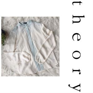 Theory Gerine Cicero Silk Blouse w/Light Teal Trim